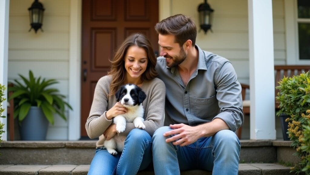 Smiling couple sitting on porch steps, holding a black-and-white Irish Pied Havanese puppy.