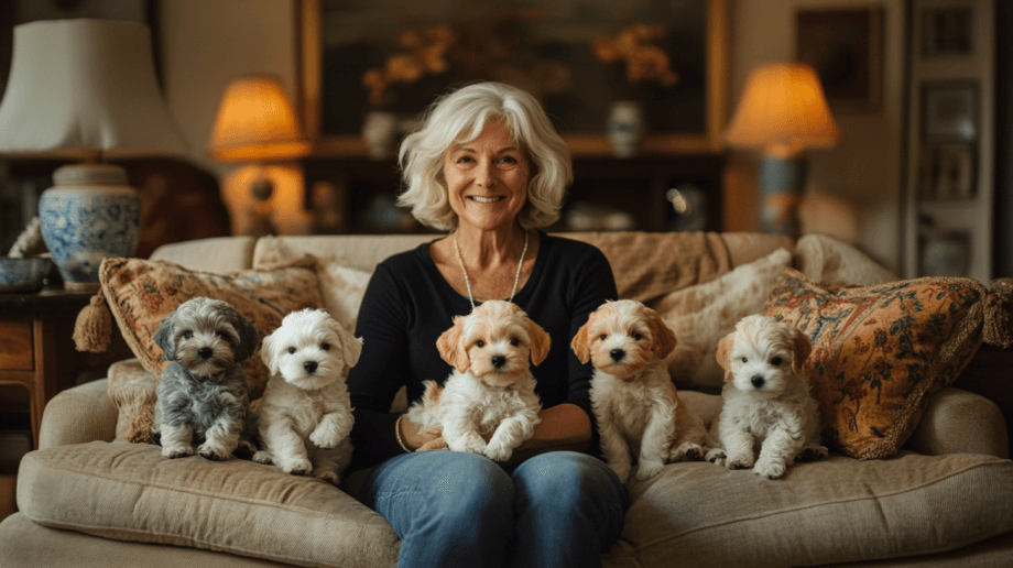 A smiling older woman sitting on a cozy couch surrounded by five adorable Havanese puppies in a warmly lit living room.